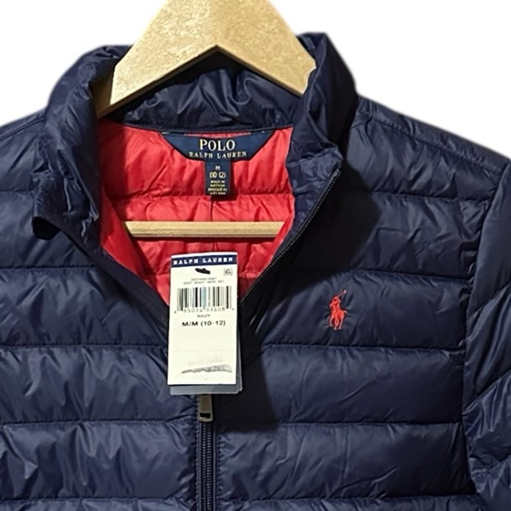 Polo Ralph Lauren Kids Quilted Down Puffer Jacket Navy | Red Interior Sz M NWT - Picture 7 of 7